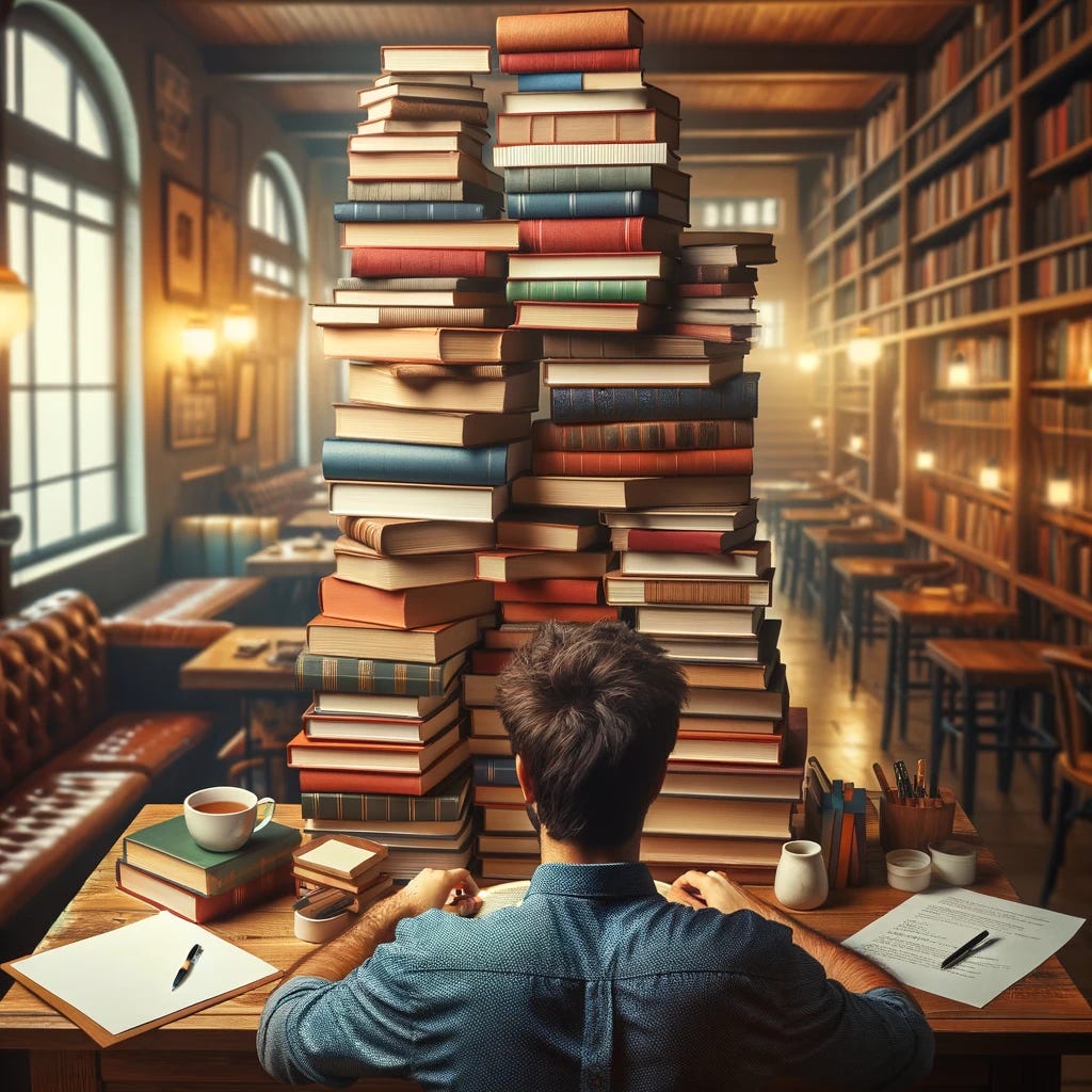 A person sitting at a desk reading through a moderately tall stack of approximately 20 books. The books are varied in size and color, creating a visually striking scene. The setting is a cozy library or study with warm lighting, wooden furniture, and bookshelves in the background. The person appears engrossed in their reading, surrounded by notes and a cup of tea on the desk.