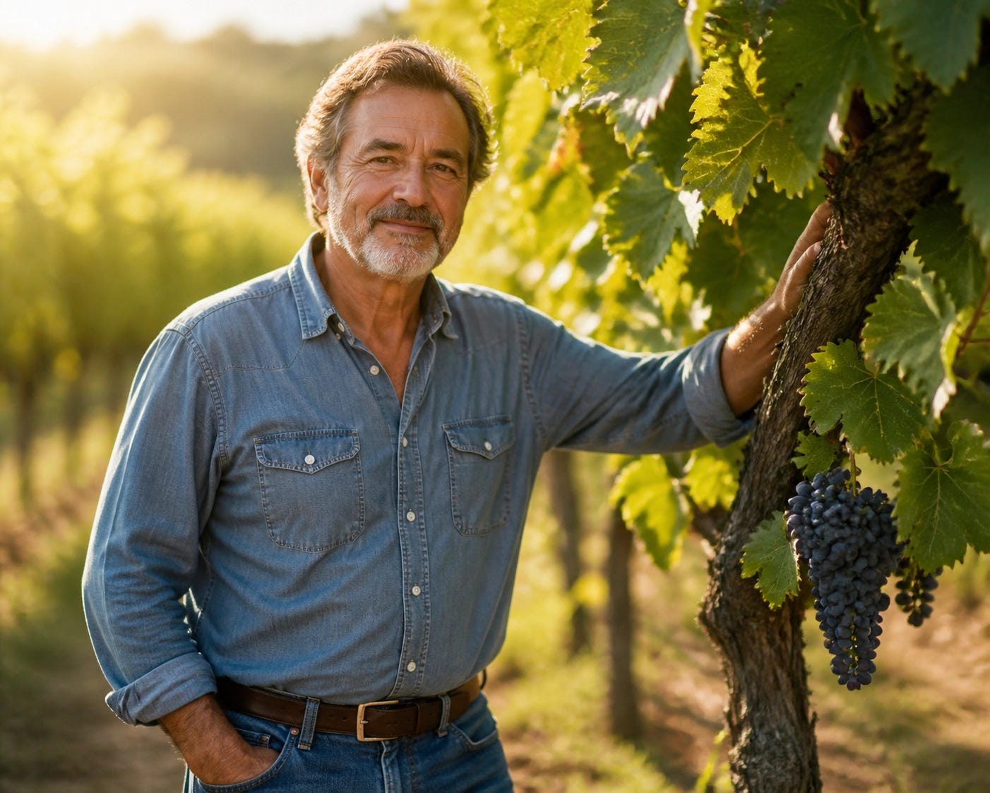 A man in a sun-drenched vineyard illustrating spiritual fruit produced by abiding in Christ.