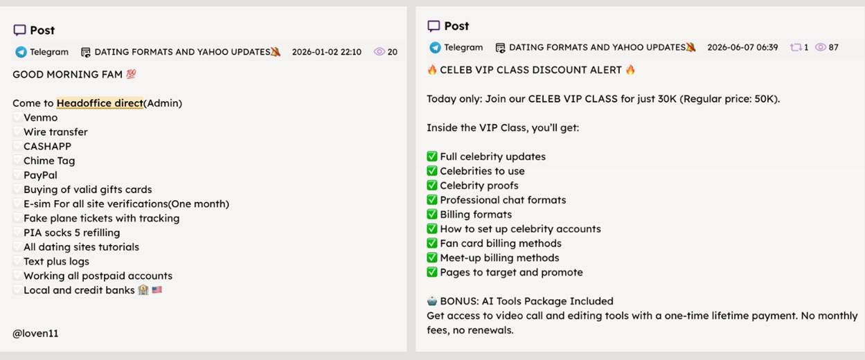A composite image made by Open Measures researchers shows two side-by-side Telegram posts formatted as advertisements, shared in “Dating Formats and Yahoo Updates” by the channel’s anonymous admin (one of which is signed with the username @loven11). On the left, a post from January 1, 2026 advertises a range of likely scam-related services, many of which appear designed to facilitate other scammers’ cashouts by purchasing “valid gifts cards” they received and routing the funds back to them through pre-verified bank accounts and payment processing services (Venmo, CashApp, PayPal). On the right, a post from June 7 follows the same formatting but now exclusively advertises a paid “CELEB VIP CLASS,” claiming to teach subscribers exclusive techniques for celebrity impersonation scams with an “AI Tools Package Included.” The “VIP CLASS” post we include above is from June 7, though the earliest post we identified in this format appeared on February 21.