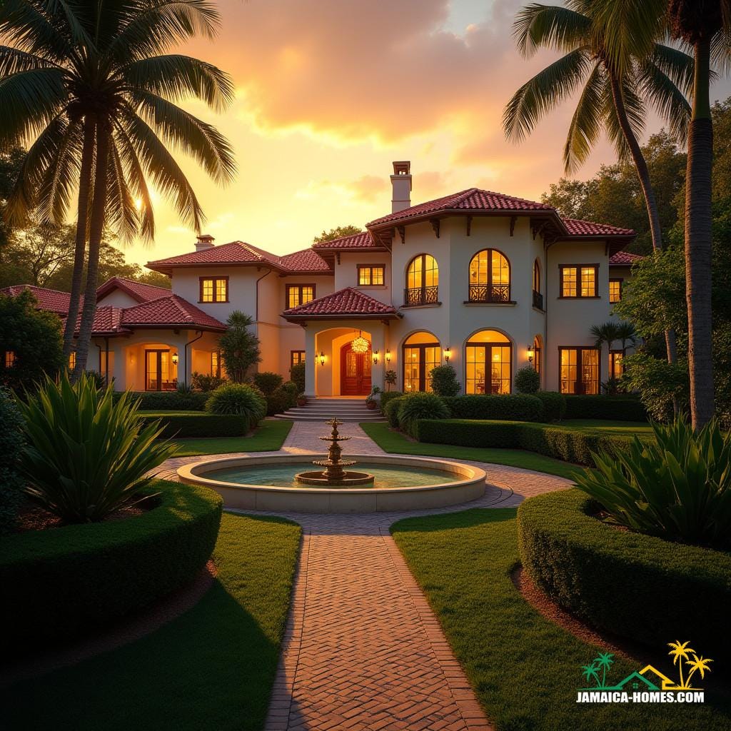 A majestic Mediterranean Revival estate in Jamaica, with stucco walls, terra cotta red-tiled roofs, and arched windows, set amidst lush tropical gardens