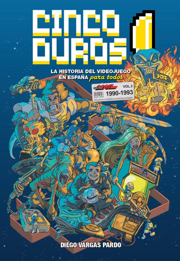 Cover of Cinco Duros Vol. 3: La Historia del Videojuego en España para Todos 1990–1993 by Diego Vargas Pardo. The title is styled in retro pixelated font, with a yellow coin icon representing “cinco duros.” The background features a dynamic, colorful illustration of various video game characters, arcade machines, and players, capturing the early '90s arcade era in Spain. A sticker-style label reads “1990-1993,” indicating the volume’s focus.