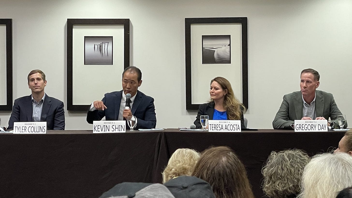 From left are Carlsbad City Council District 2 candidates Tyler Collins and Kevin Shin and D4 incumbent Teresa Acosta and challenger Greg Day. The four participated in a candidate’s forum on Thursday at The Westin Carlsbad Resort & Spa. Steve Puterski photo From left are Carlsbad City Council District 2 candidates Tyler Collins and Kevin Shin and D4 incumbent Teresa Acosta and challenger Greg Day. The four participated in a candidate’s forum on Thursday at The Westin Carlsbad Resort & Spa. Steve Puterski photo