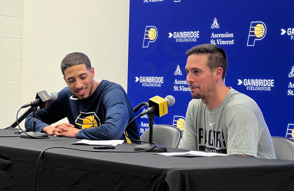 Pacers guard Tyrese Haliburton smiling after the win and performance from T.J. McConnell.
