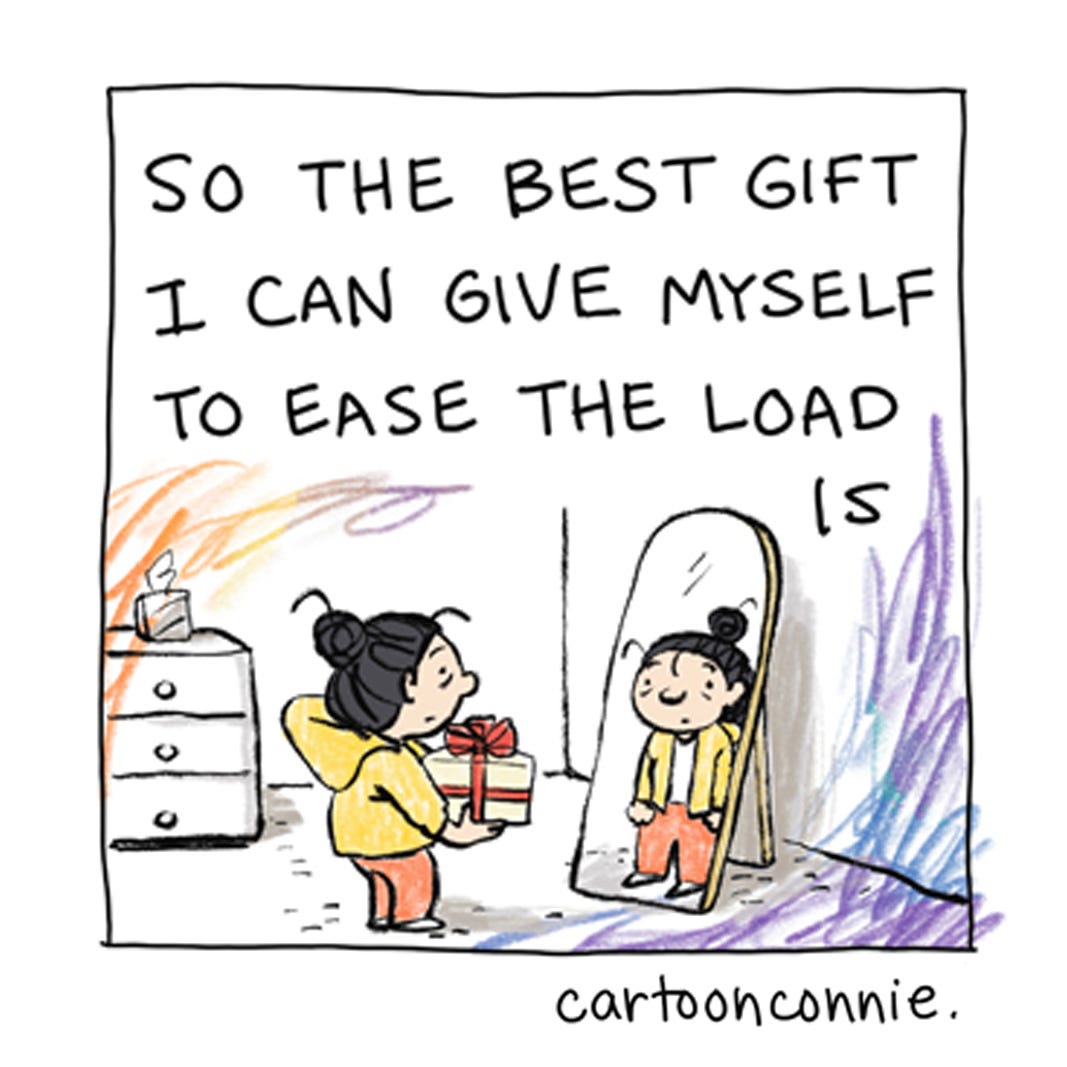 Panel 2 of a 6-panel comic strip about loving your past, present, and future selves. Each panel is a colorful cartoon portrait of the artist at different life stages, ending with an imagined future self as a little old lady in a futuristic setting. Titled "The Best Gift You Can Give Yourself." Original artwork by Connie Sun, cartoonconnie, 2025. Panel 2 of a 6-panel comic strip about loving your past, present, and future selves. Each panel is a colorful cartoon portrait of the artist at different life stages, ending with an imagined future self as a little old lady in a futuristic setting. Titled "The Best Gift You Can Give Yourself." Original artwork by Connie Sun, cartoonconnie, 2025.