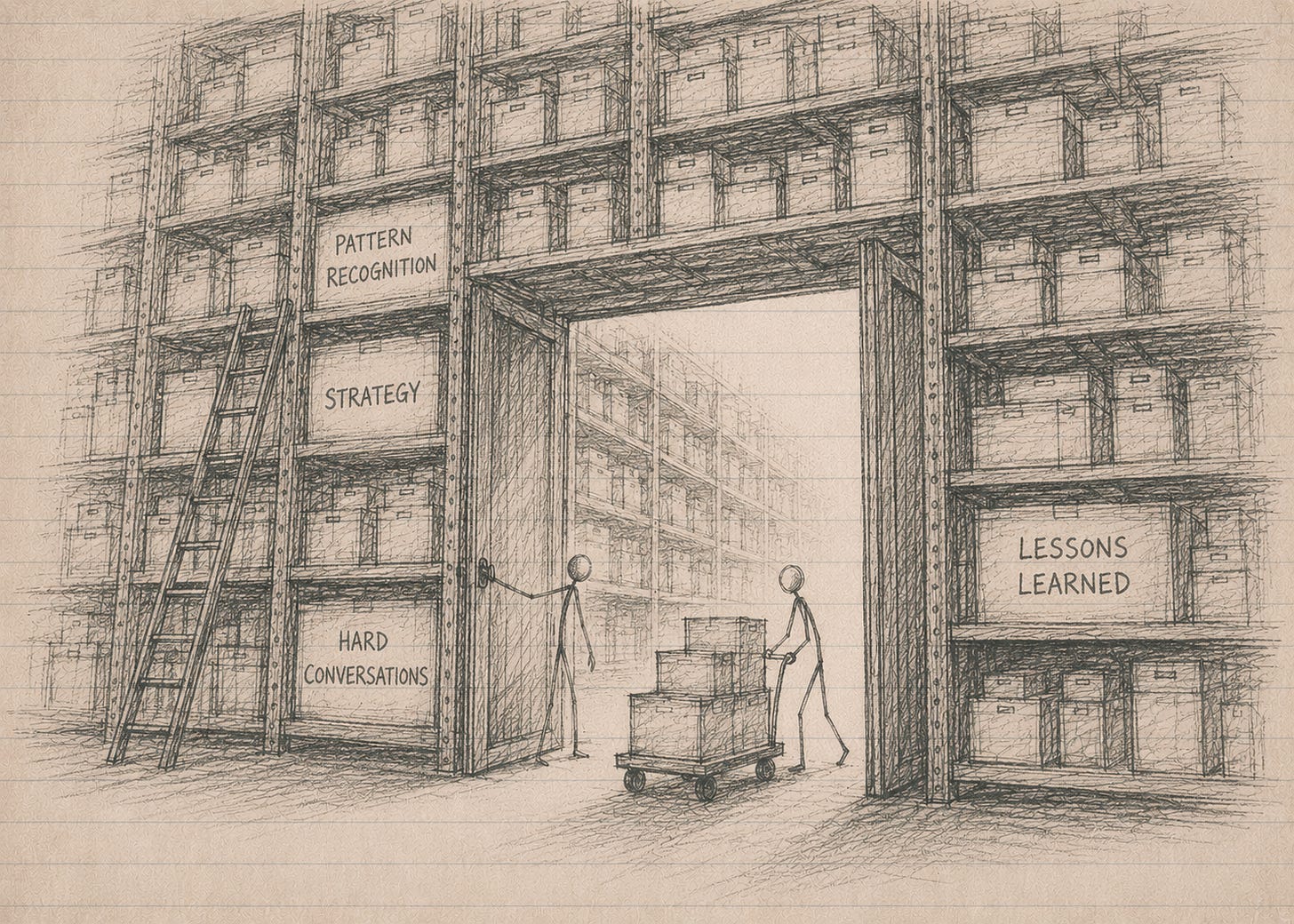 Sketch-style warehouse filled with labeled boxes representing years of accumulated experience, while one person holds a large door open and another wheels boxes out on a cart, symbolizing the transfer of hard-won knowledge and judgment. Sketch-style warehouse filled with labeled boxes representing years of accumulated experience, while one person holds a large door open and another wheels boxes out on a cart, symbolizing the transfer of hard-won knowledge and judgment.
