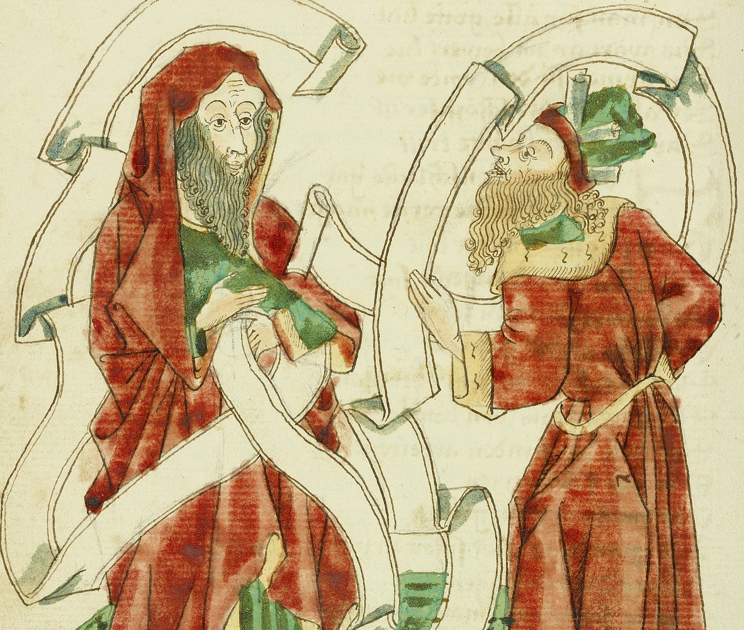 A painting of the prophets Micah and Habakku, both wearing robes of red and green, from an old Alsatian Bible manuscript A painting of the prophets Micah and Habakku, both wearing robes of red and green, from an old Alsatian Bible manuscript