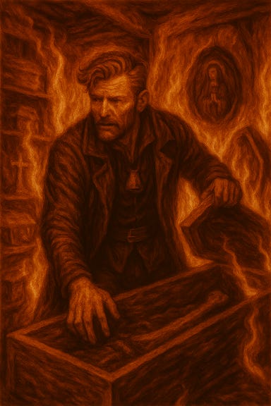Create an image of Greegan searching the burning coffin shop