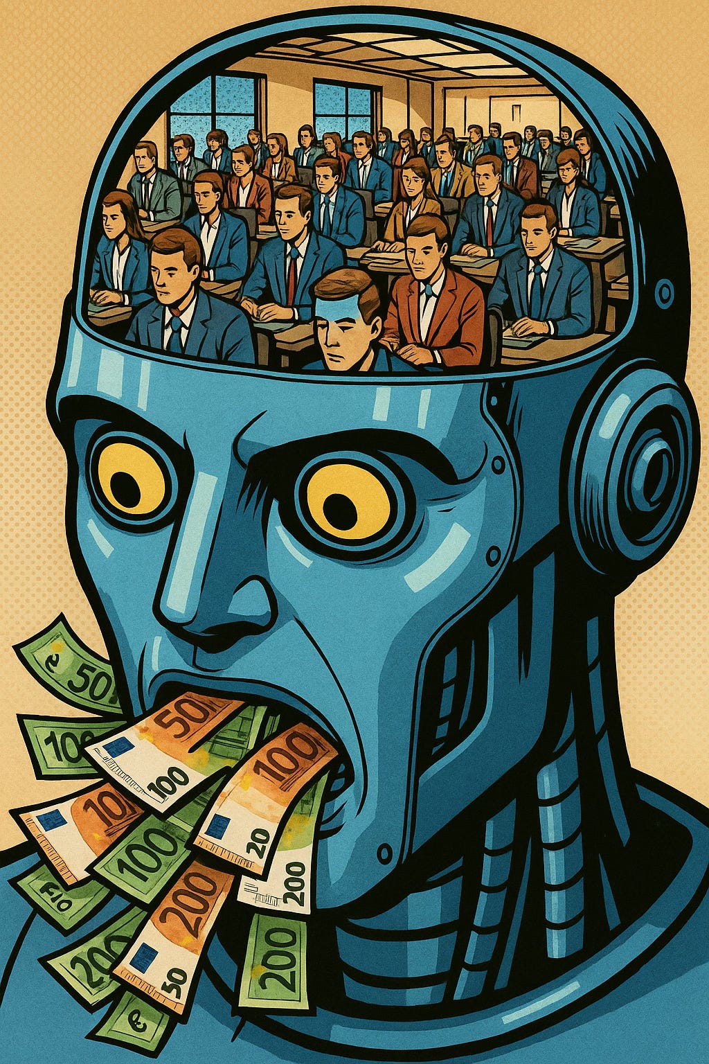 Imagen generada con IA, en el estilo de un cómic de superheroes, en la que se ve a un robot que escupe billetes de euros por la boca, mientras su craneo transparente deja ver que su cerebro es, en realidad, un montón de gente trabajando frenéticamente en una oficina.