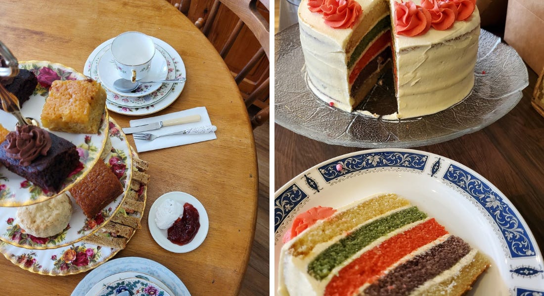 Two pictures - one birds eye view of a floral afternoon tea stand with cakes on it on top of a wooden table and one of a slice of rainbow cake and the cake it came from Two pictures - one birds eye view of a floral afternoon tea stand with cakes on it on top of a wooden table and one of a slice of rainbow cake and the cake it came from