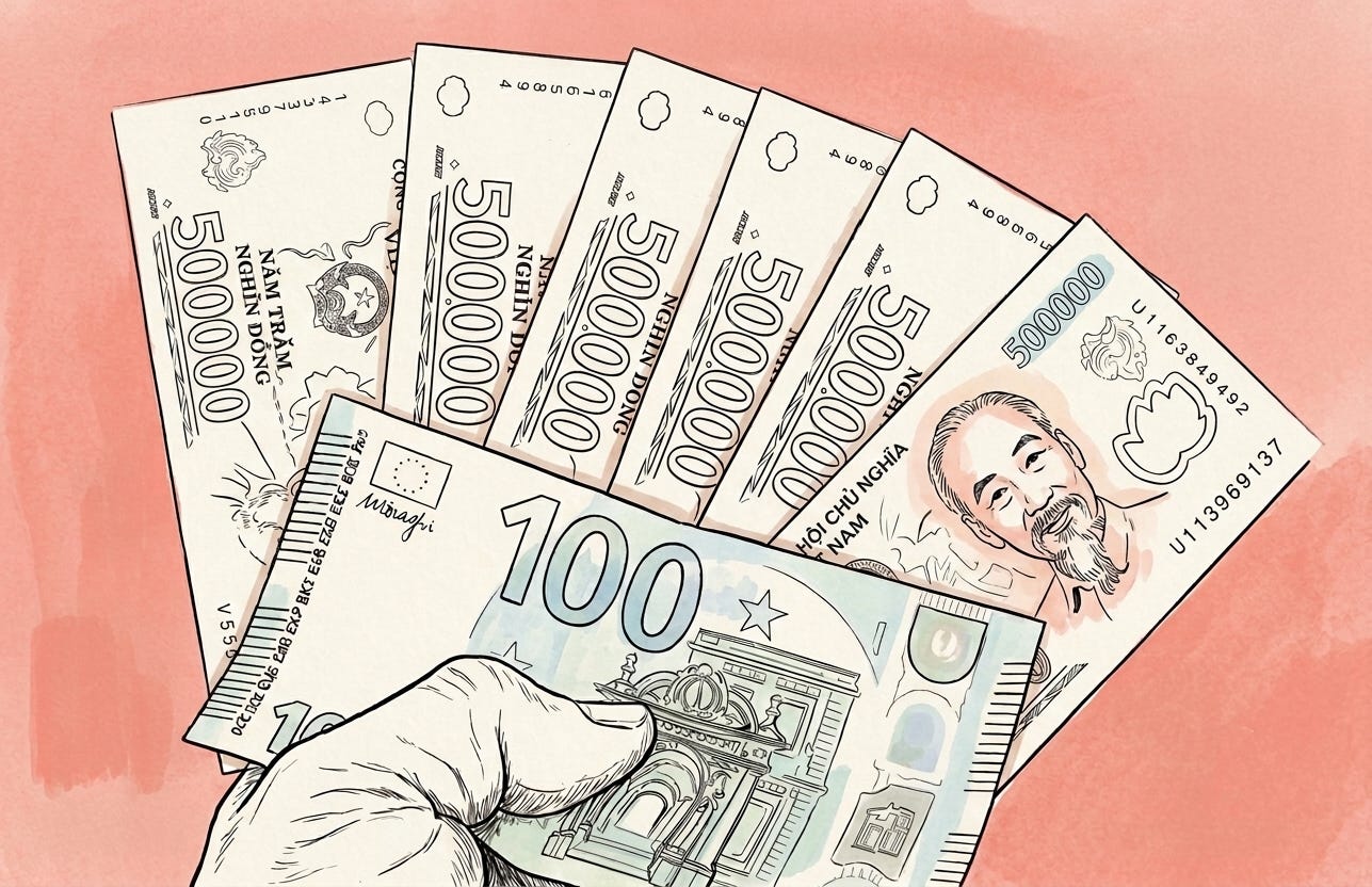 Euros y VND al cambio Billetes Viet Dong