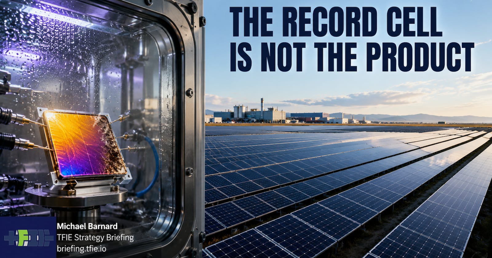 A small iridescent perovskite solar cell sits inside a sealed lab test chamber while a vast field of conventional silicon solar panels stretches outside under a large headline reading “The Record Cell Is Not The Product.” A small iridescent perovskite solar cell sits inside a sealed lab test chamber while a vast field of conventional silicon solar panels stretches outside under a large headline reading “The Record Cell Is Not The Product.”