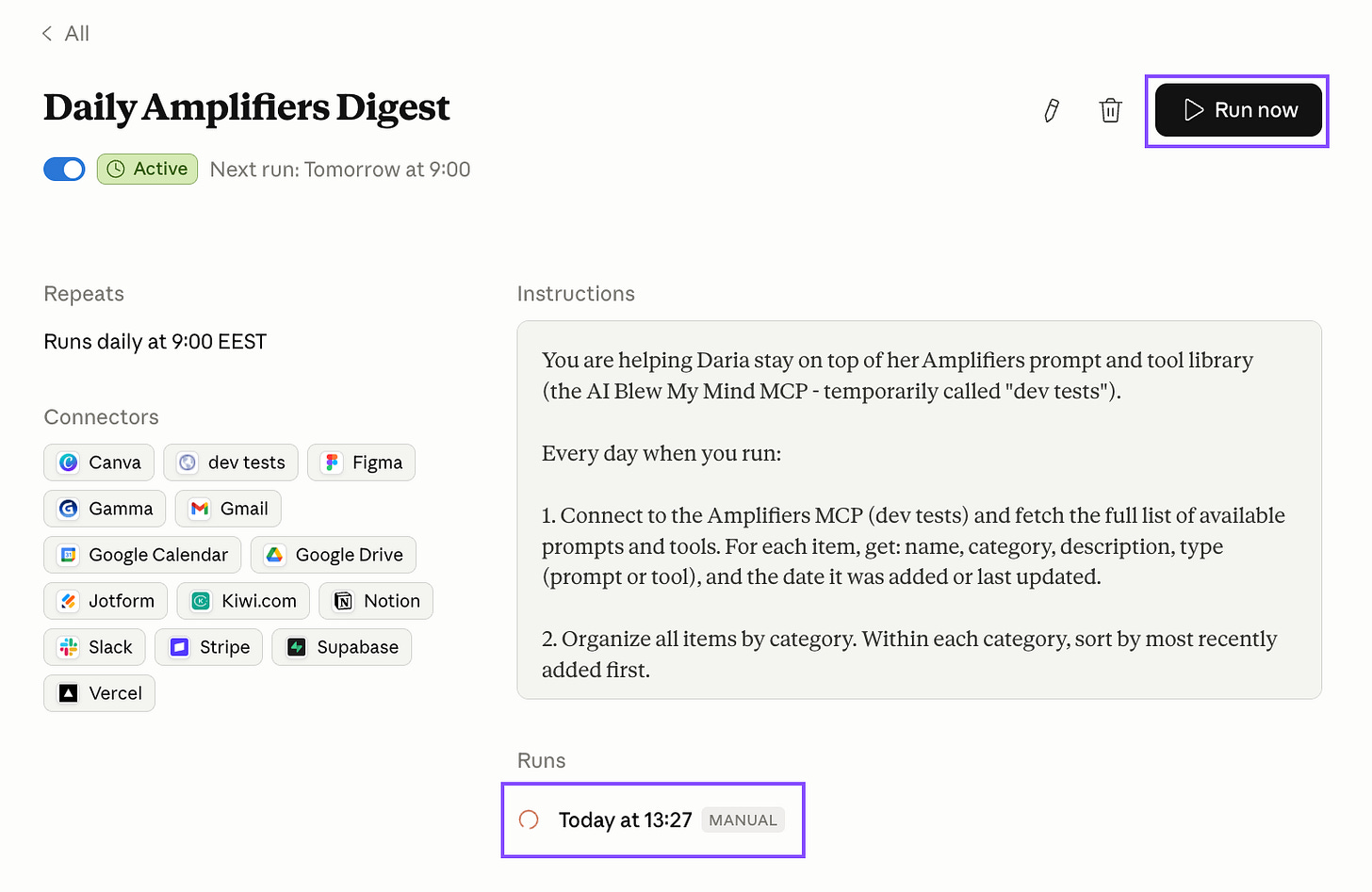 Daily Amplifiers Digest Routine detail page in Claude Code showing the Run now button highlighted in the top right, the routine set to run daily at 9:00 EEST, connectors including Slack and dev tests, and a completed manual run logged at 13:27