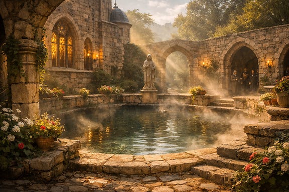 Courtyard before the sacred pool at the Abbey of Saint Markovia in afternoon light, warm sun filtering through mist, stone walls and arches surrounding the pool, flowers and ivy along the edges, tranquil Barovian atmosphere