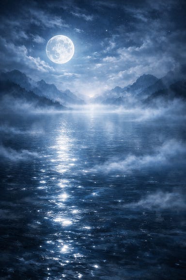 Lake Zarovich dreamscape shimmering moonlit water mist curling mountains dissolving unreal horizon haunting stillness