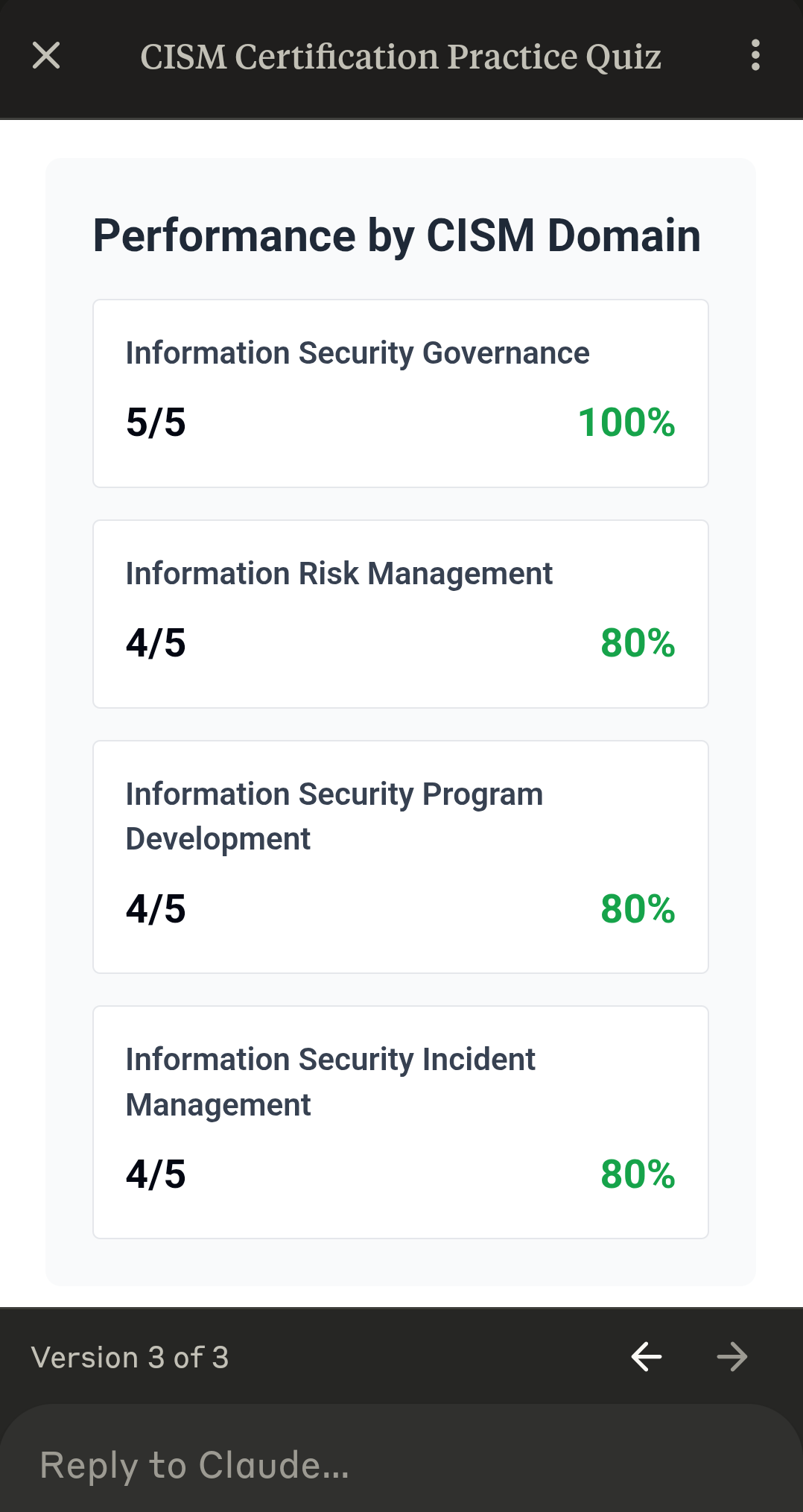 Claude CISM quiz results by domain