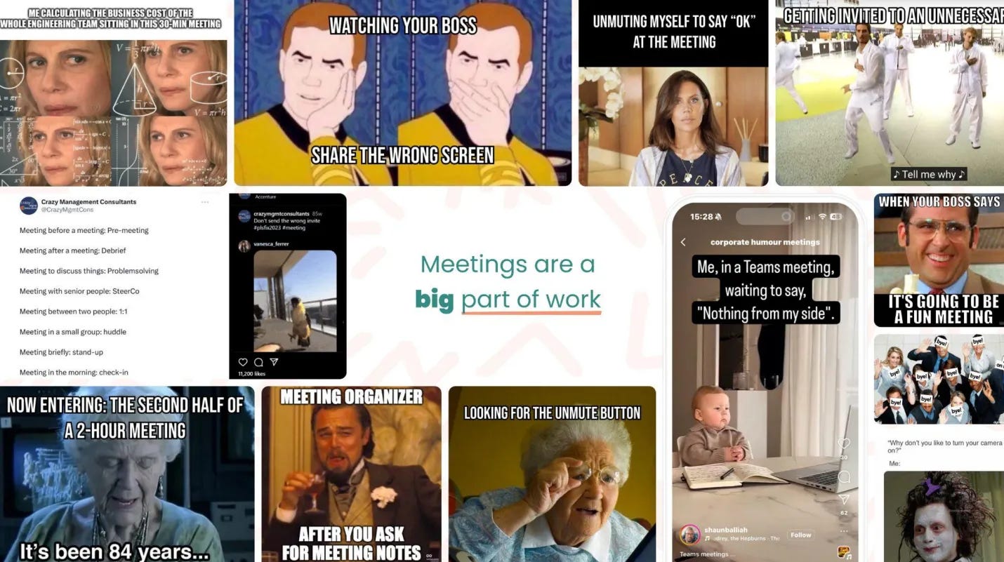 Collage of meeting-related memes illustrating the pain and inefficiency of scheduling and attending meetings.