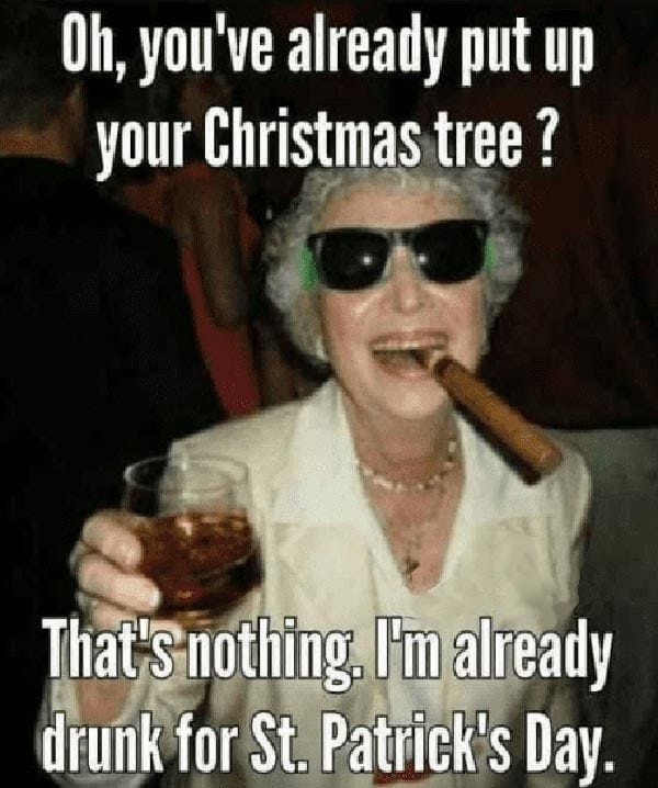 Oh you've already put your Christmas tree up? That's nothing I'm already drunk for St. Patrick's Day New Years Eve Meme Funny, Christmas Eve Meme Funny, Christmas Eve Meme, Alcohol Christmas Meme, Christmas Beer Meme, Christmas Tree Quotes, Funny Christmas Tree, Christmas Memes, Funny Thanksgiving