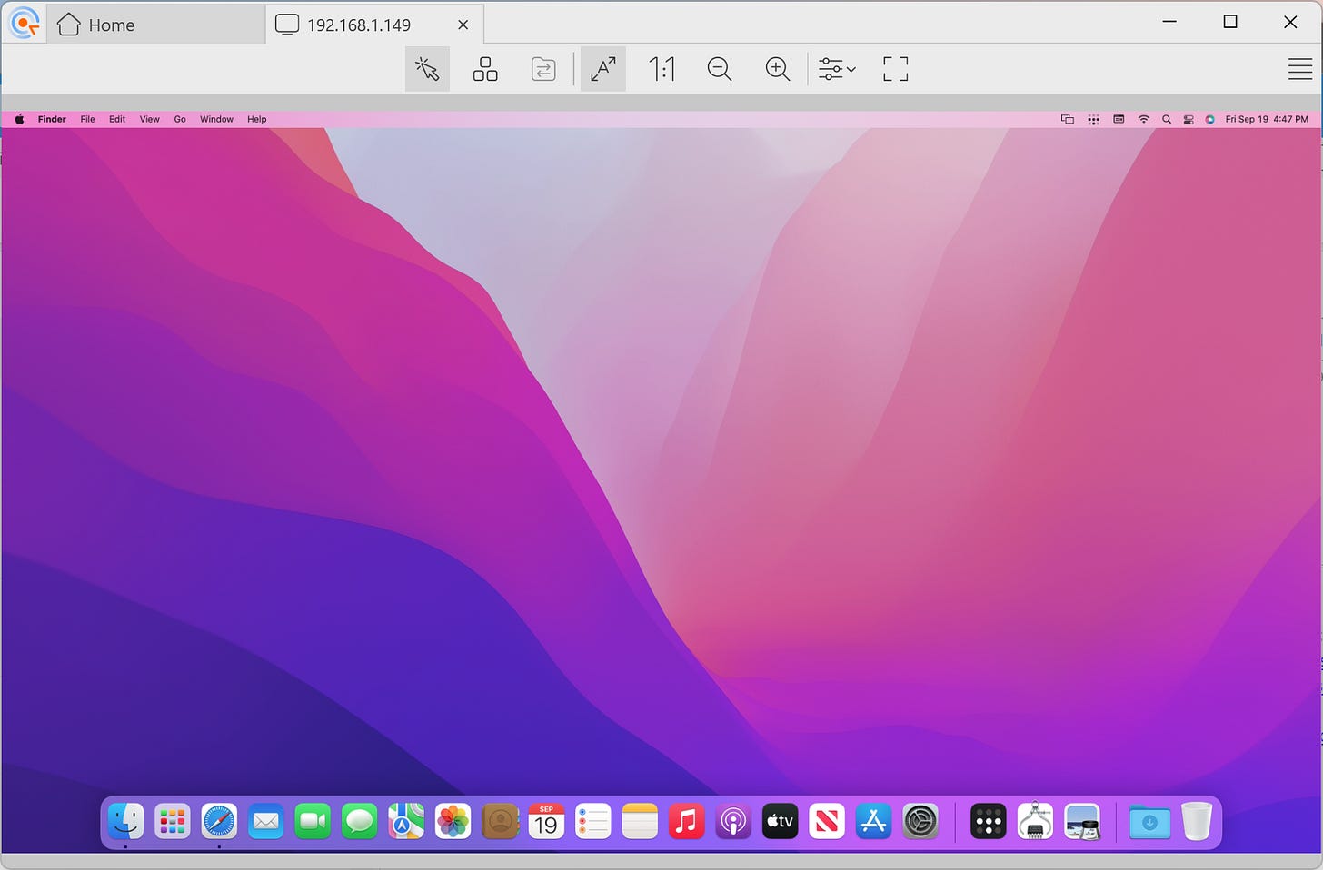 macOS Monterey on Mac Mini 2014, viewed via VNC connection
