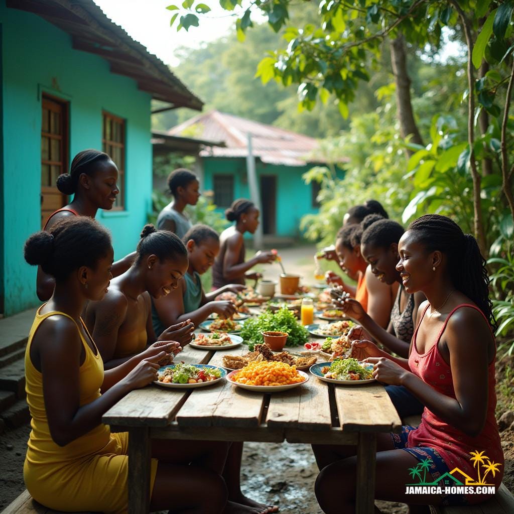 Vibrant intentional community in Kingston, Jamaica, Caribbean, with lush greenery and colorful Afro-Caribbean architecture, as residents from diverse backgrounds come together, sharing meals, stories, and laughter, fostering a sense of unity and cooperation.