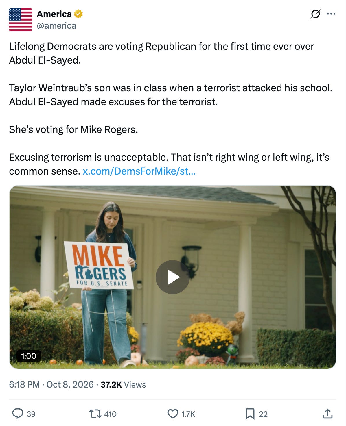 X post from @america PAC account containing a "Democrats for Mike Rogers" video ad X post from @america PAC account containing a "Democrats for Mike Rogers" video ad