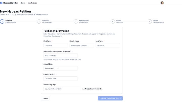 Screenshots of working prototype for petition wizard and case management workflows.