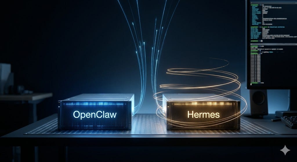 Two glowing server nodes side by side against a dark background — one blue, one amber — representing OpenClaw and Hermes as the two leading open-source always-on agent frameworks.