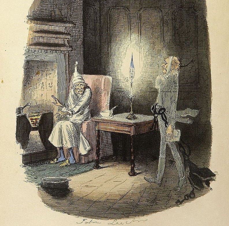 Original illustration from Charles Dickens' "a Christmas Carol" with Scrooge sitting by the fire on the left and Marley's Ghost standing on the right.