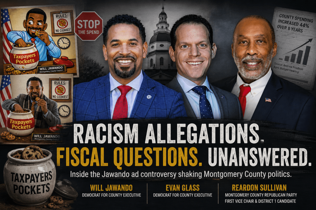Graphic featuring three politicians: Will Jawando, Evan Glass, and Reardon Sullivan, with text about racism allegations and fiscal questions in Montgomery County politics.