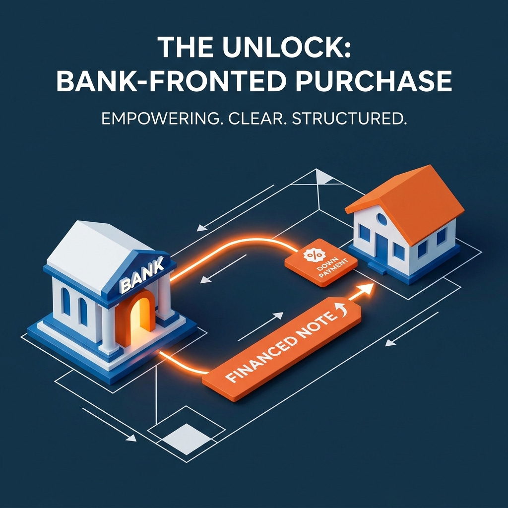 The unlock: the bank fronts the note, you bring the down payment