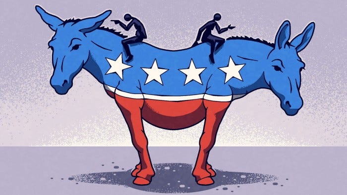 Illustration of the Democratic party’s donkey logo, but with a head on both ends