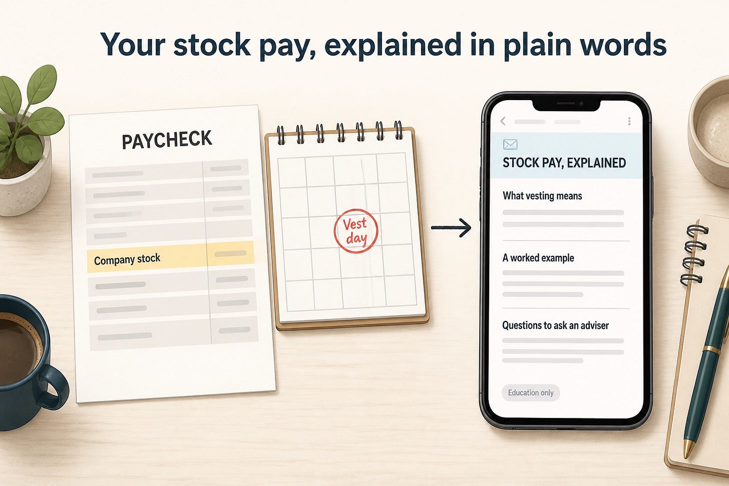 A paycheck with a company stock line and a calendar with vest day circled, next to a phone showing a plain-words stock pay newsletter