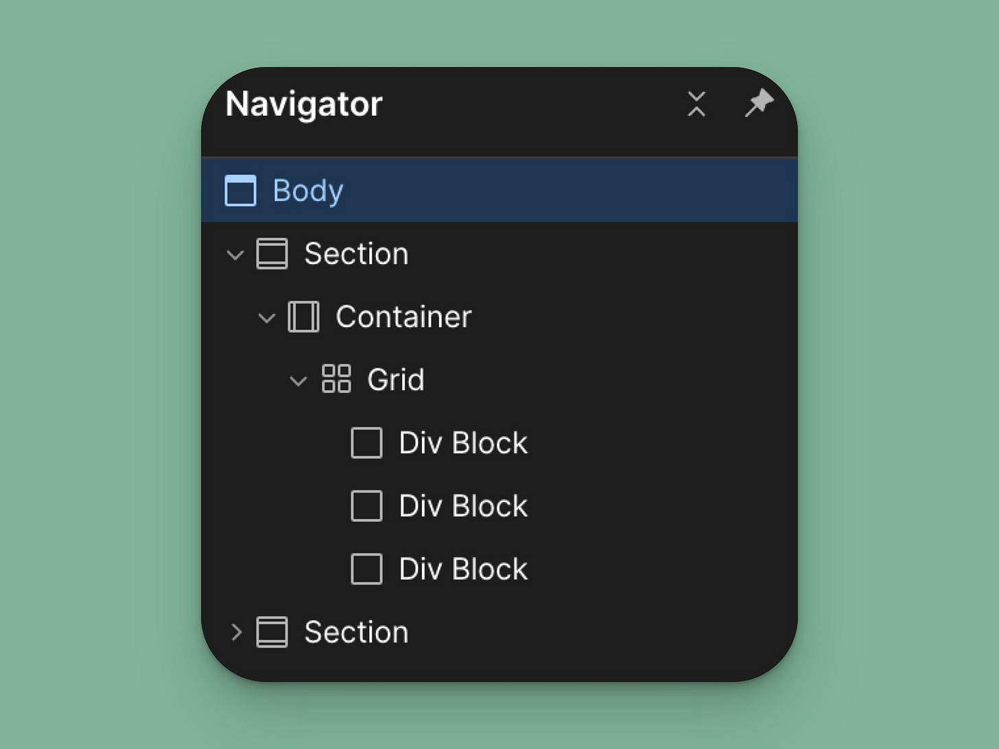 My default HTML page structure in Webflow: Section, Container, Layout, Content