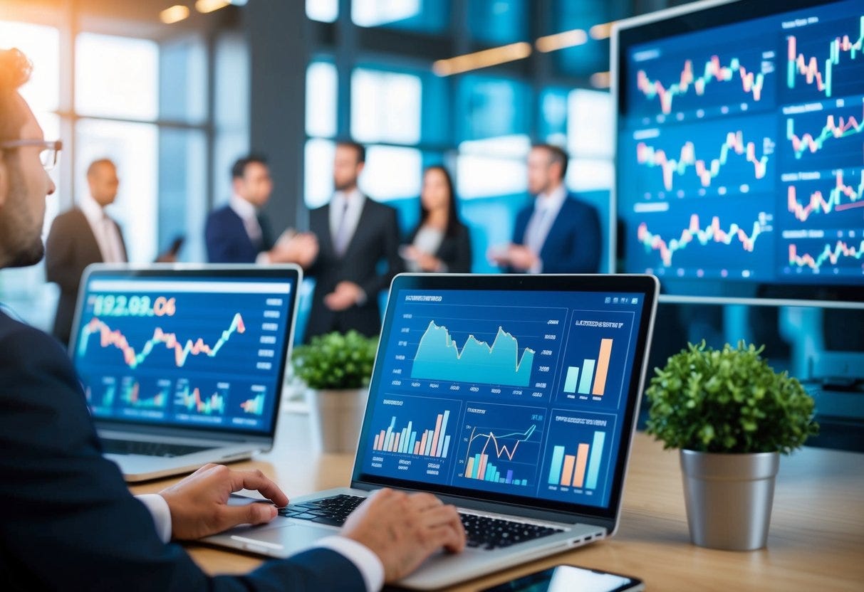 A bustling digital platform with charts, graphs, and real-time financial data displayed on multiple screens. Animated discussions and analysis happening in the background