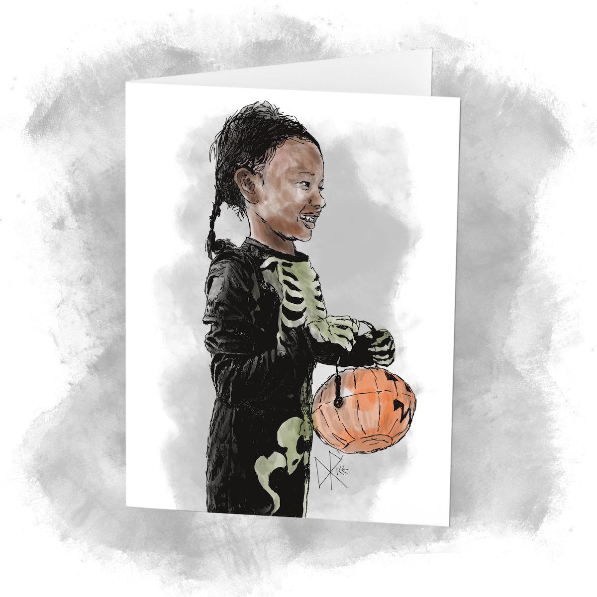 Girl in a skeleton costume, ready for candy collection. Sketch art by Don Rice. Girl in a skeleton costume, ready for candy collection. Sketch art by Don Rice.