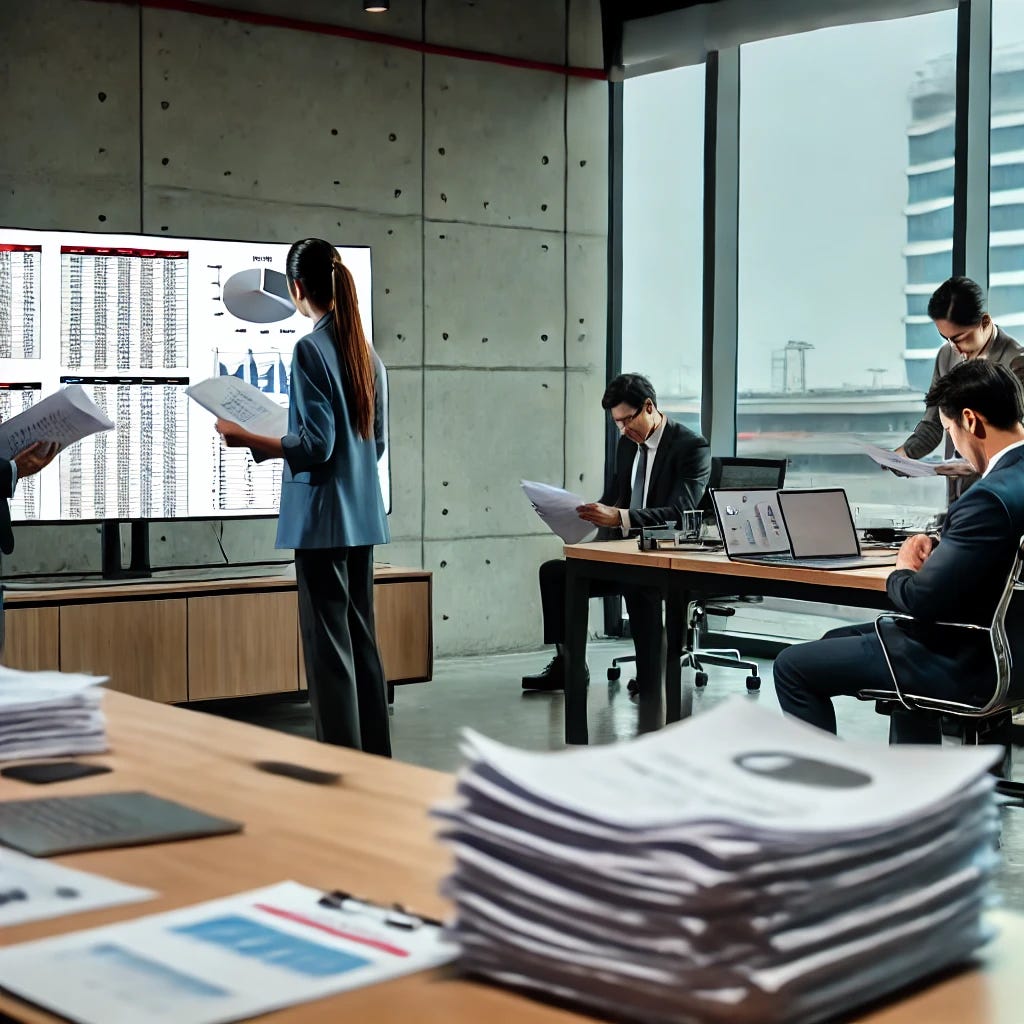 An office setting with a group of professionals conducting an audit. There are stacks of documents, laptops, and a large screen displaying charts and graphs. One person is reviewing a checklist, while others are analyzing data and discussing findings. The atmosphere is serious and focused, with a sense of collaboration and attention to detail. The room is well-lit with modern office furniture, and the background shows a cityscape through large windows.
