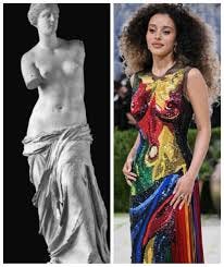 The fascination with polychromy in ancient sculpture continues. Thom Browne  reportedly cites the ancient Greek Venus de Milo in the dress for Chase  Infiniti. Do you see it or not? #metgala #metgala2026 #