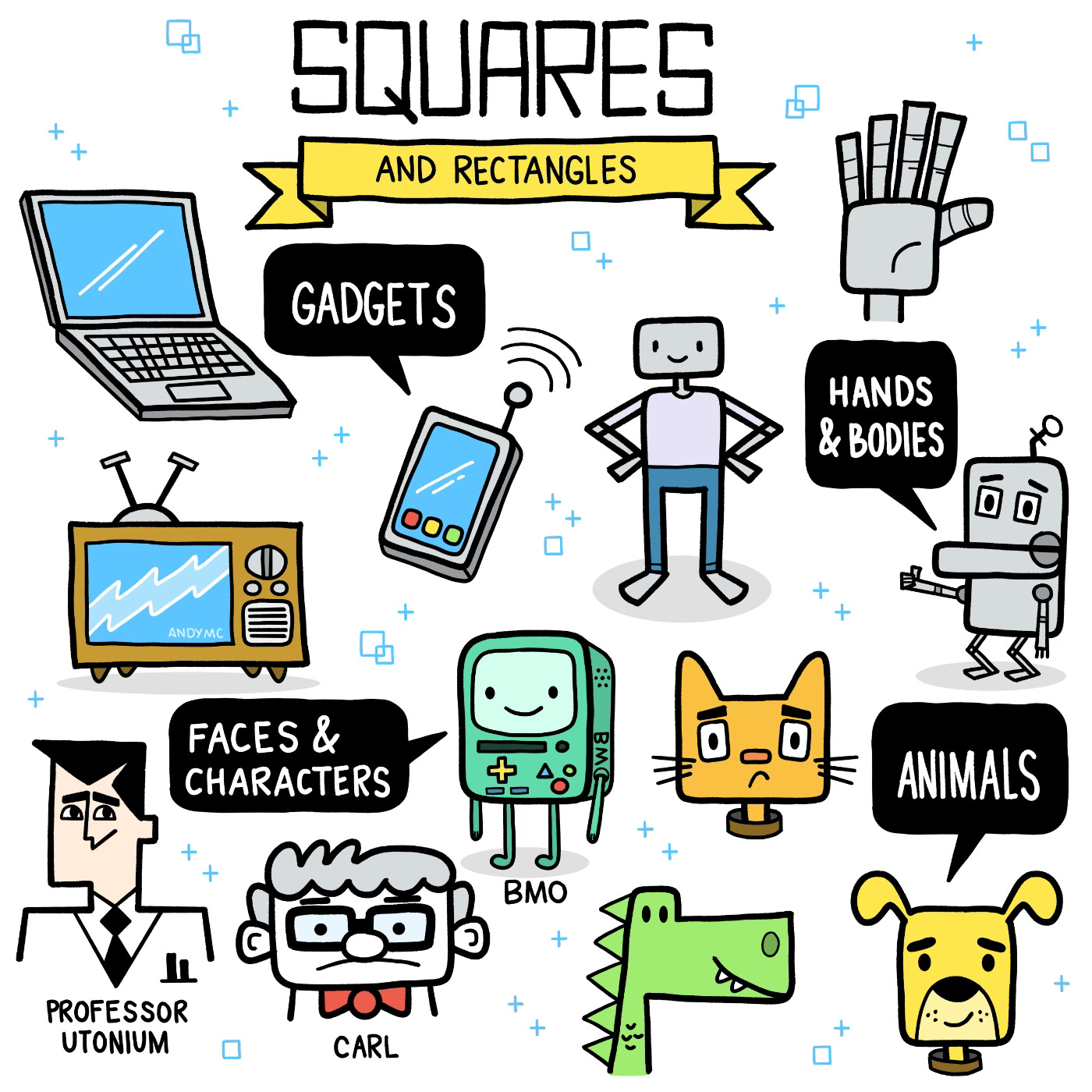 A cartoon illustration of characters, gadgets, and animals which all use a square or rectangle for their primary shape.
