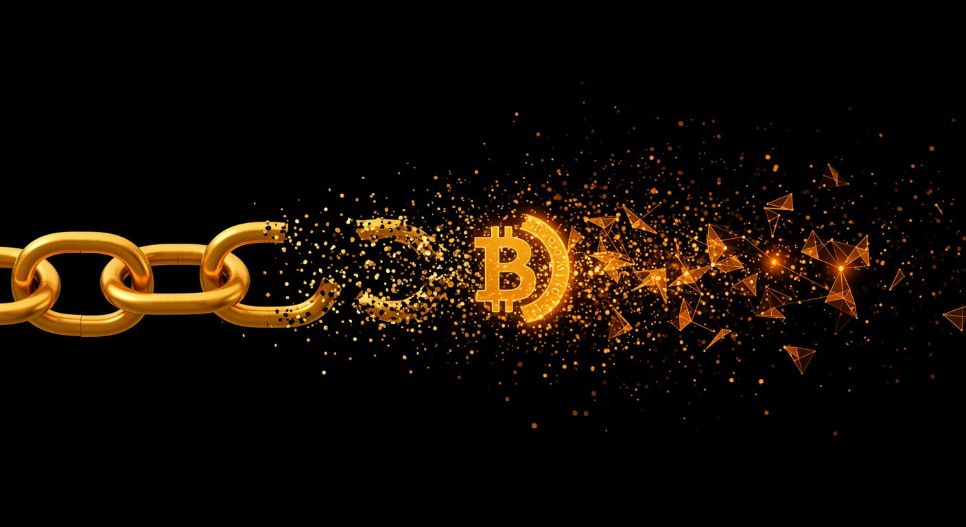 Golden chain breaking apart and transforming into Bitcoin network nodes, representing transition from gold standard to digital money