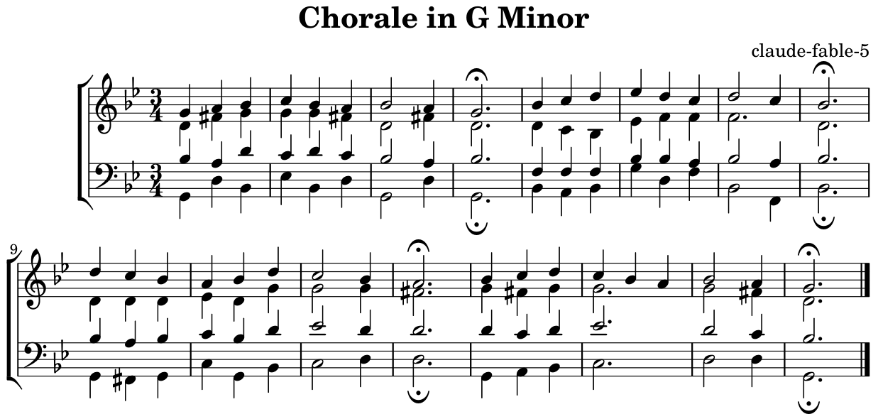 A 4-part chorale in G minor composed by Claude Fable 5 A 4-part chorale in G minor composed by Claude Fable 5