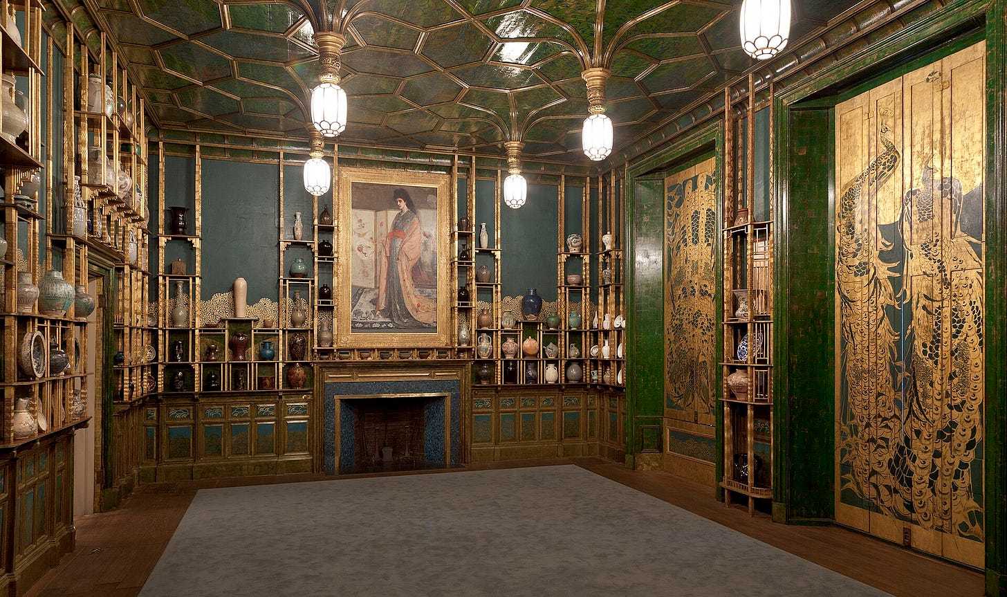 The Peacock Room by James McNeill Whistler: gold peacocks painted on blue walls, shelves for blue and white porcelain