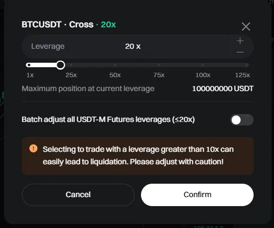 Bitget interface displaying options to change leverage settings for a crypto trade