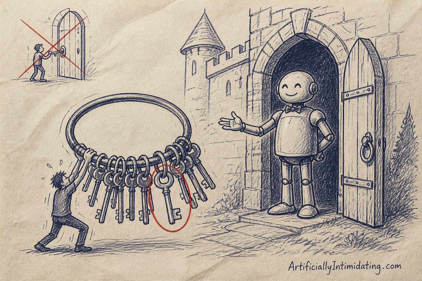 A tiny exhausted human holds out a giant ring of keys, one circled in red, to a smiling grey robot butler in a castle doorway, with a small crossed-out sketch of a person locking a door in the corner.