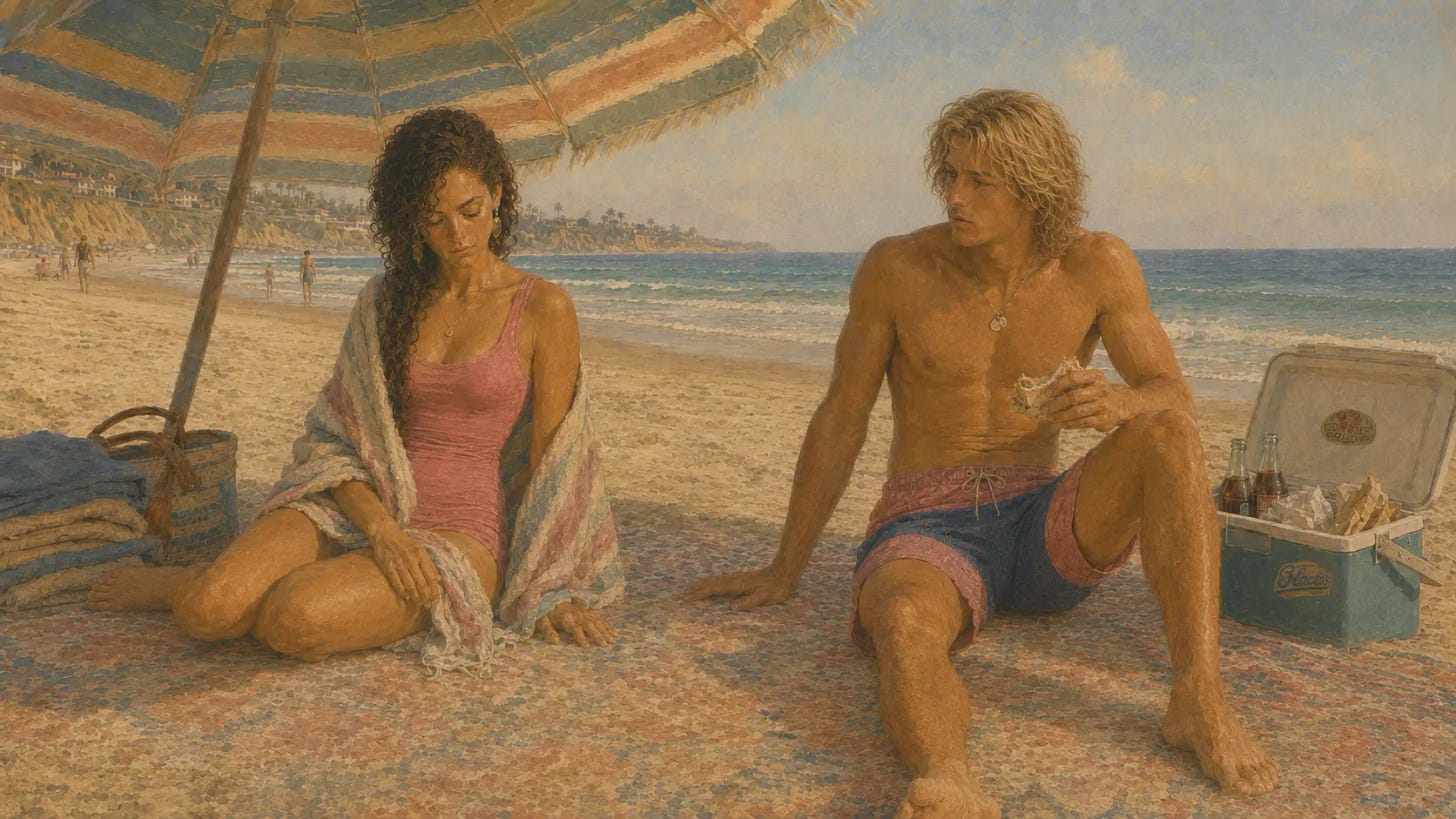 Lucia looks down at her hand on a beach blanket while Matteo watches from a careful distance beneath an umbrella.