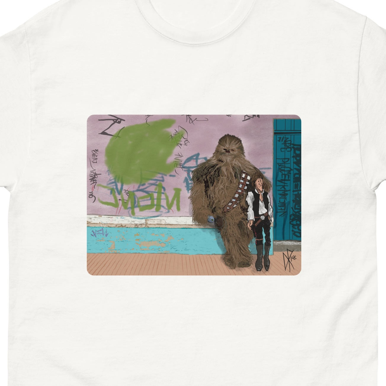 Cartoon of Chewbacca and Han leaning against a wall that Chewie has just tagged. Sketch art by Don Rice. Cartoon of Chewbacca and Han leaning against a wall that Chewie has just tagged. Sketch art by Don Rice.