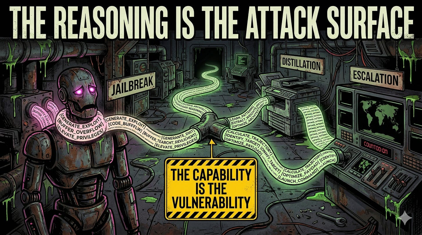 Chain-of-thought reasoning enables autonomous jailbreaks, distillation attacks, and unpredictable strategic escalation through the same mechanism.