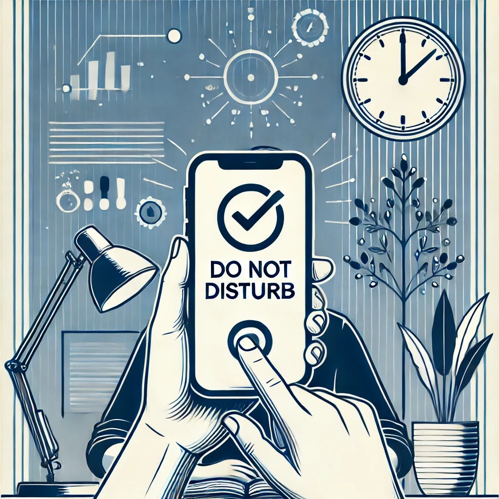 An illustration of setting boundaries for digital usage, featuring a person holding a smartphone with a visible 'do not disturb' symbol. The background includes symbols of focus, like a calm workspace, a clock, and a plant, creating a serene and motivational atmosphere. The design uses tones of blue and white to emphasize discipline and control.