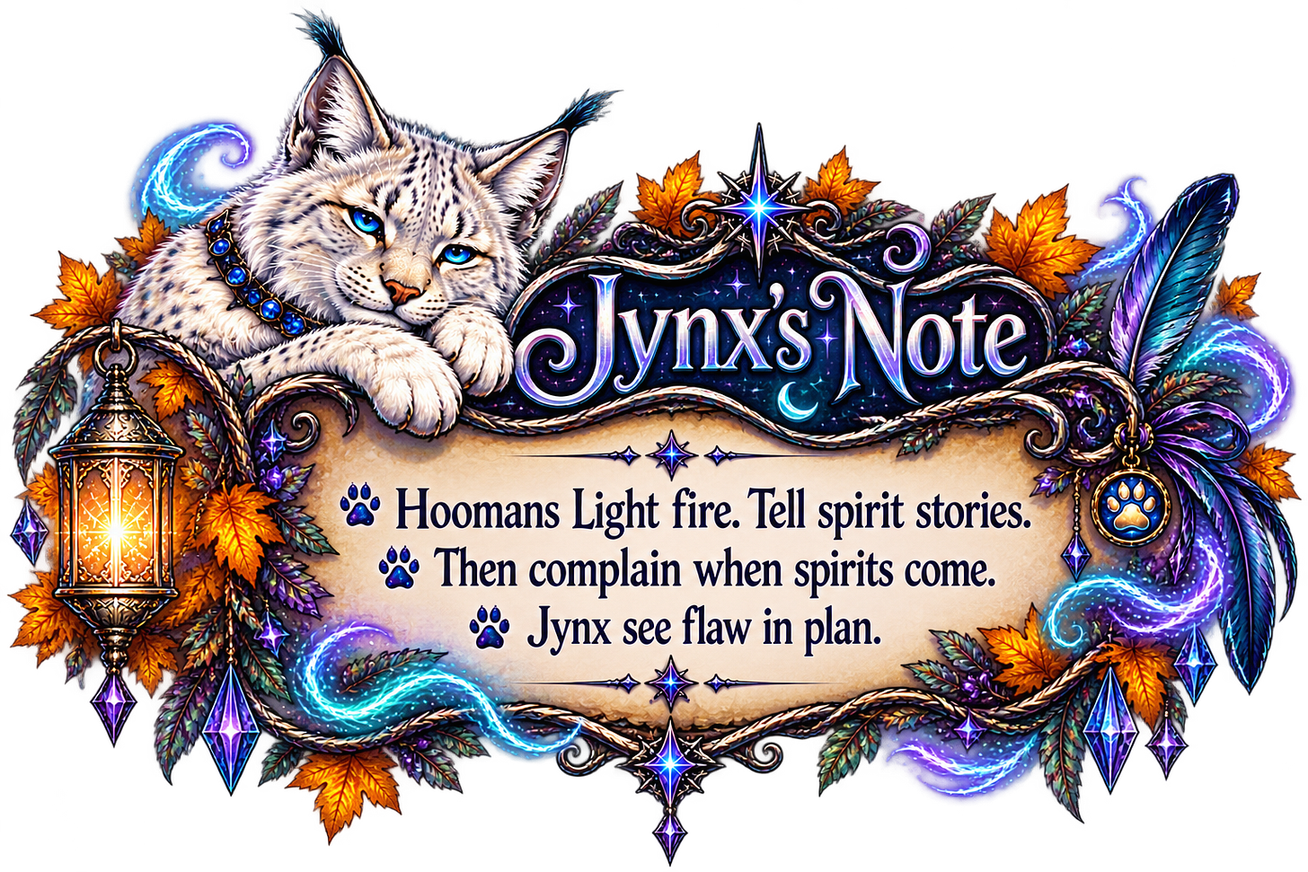Jynx's Note. Hoomans light fire. Tell spirit Stories. Then complain when spirits come. Jynx sees flaw in plan. Jynx's Note. Hoomans light fire. Tell spirit Stories. Then complain when spirits come. Jynx sees flaw in plan.