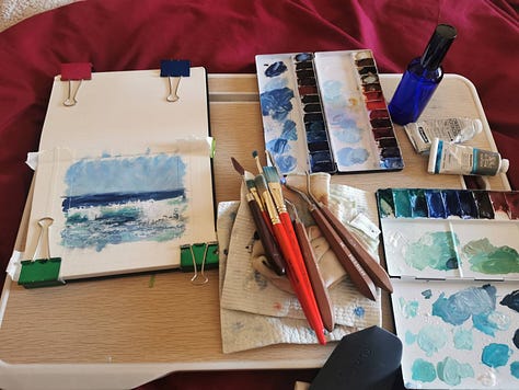 Various working set ups, experiments, and artworks made with the art materials my body no longer tolerates.