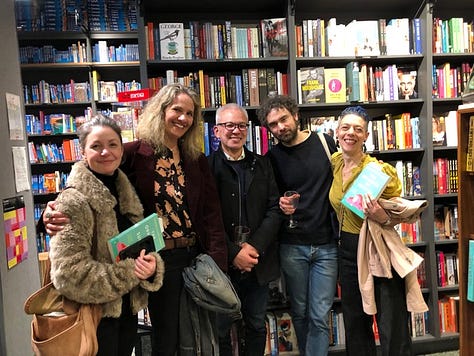A grid of nine photographs of various groups of people at the book launch