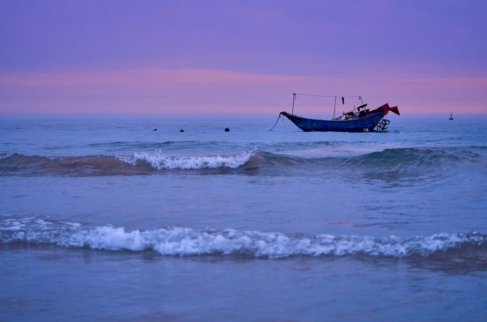 Boat, Sunset, Beach, Wave, Afterglow, Horizon